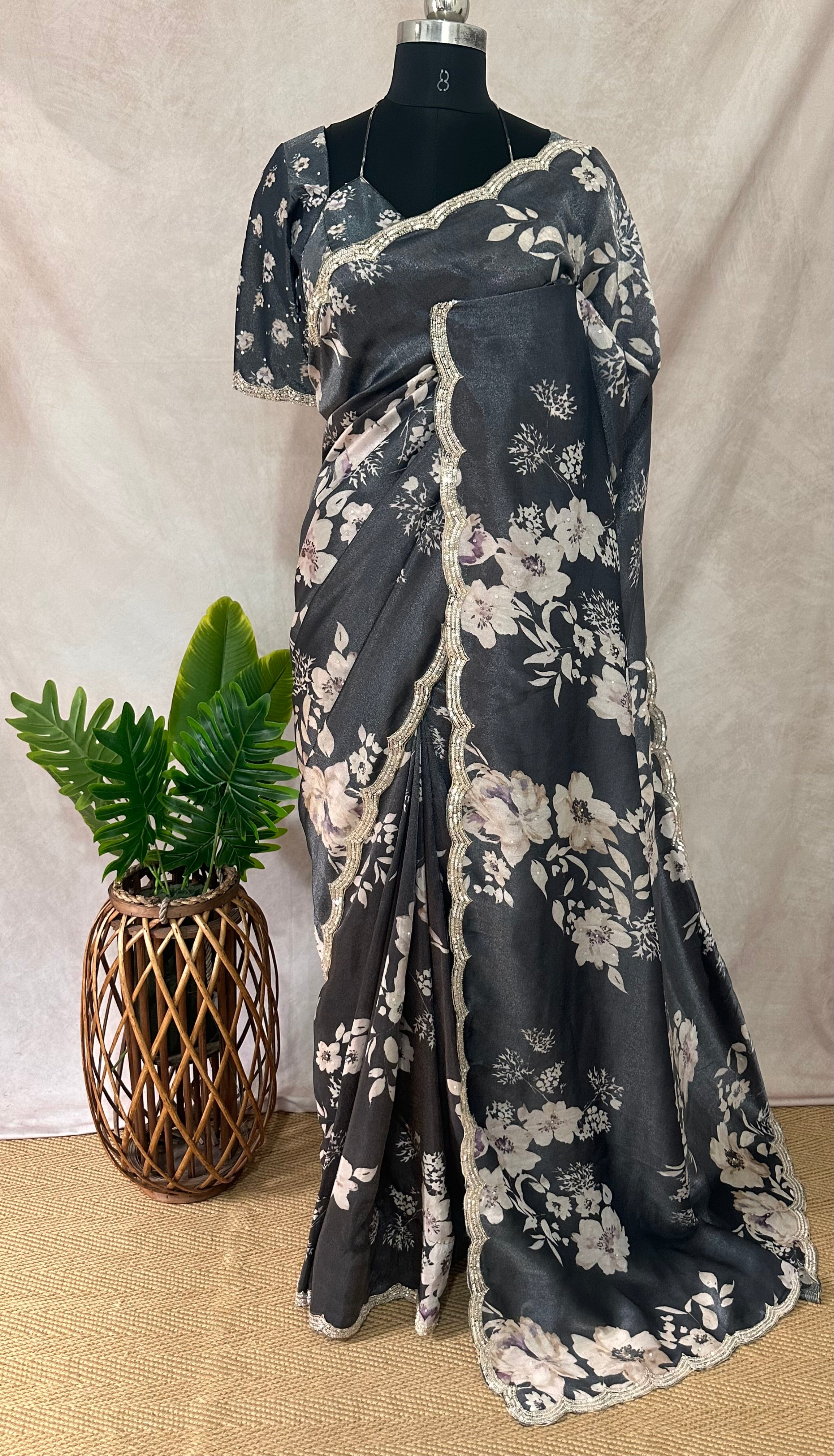 Black designer crepe tissue saree with floral print and desiger blouse