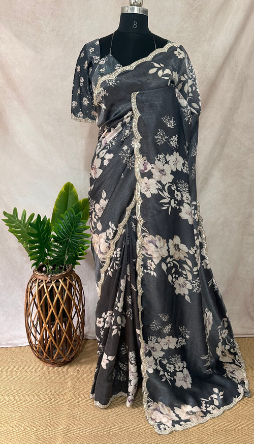 Black designer crepe tissue saree with floral print and  designer blouse