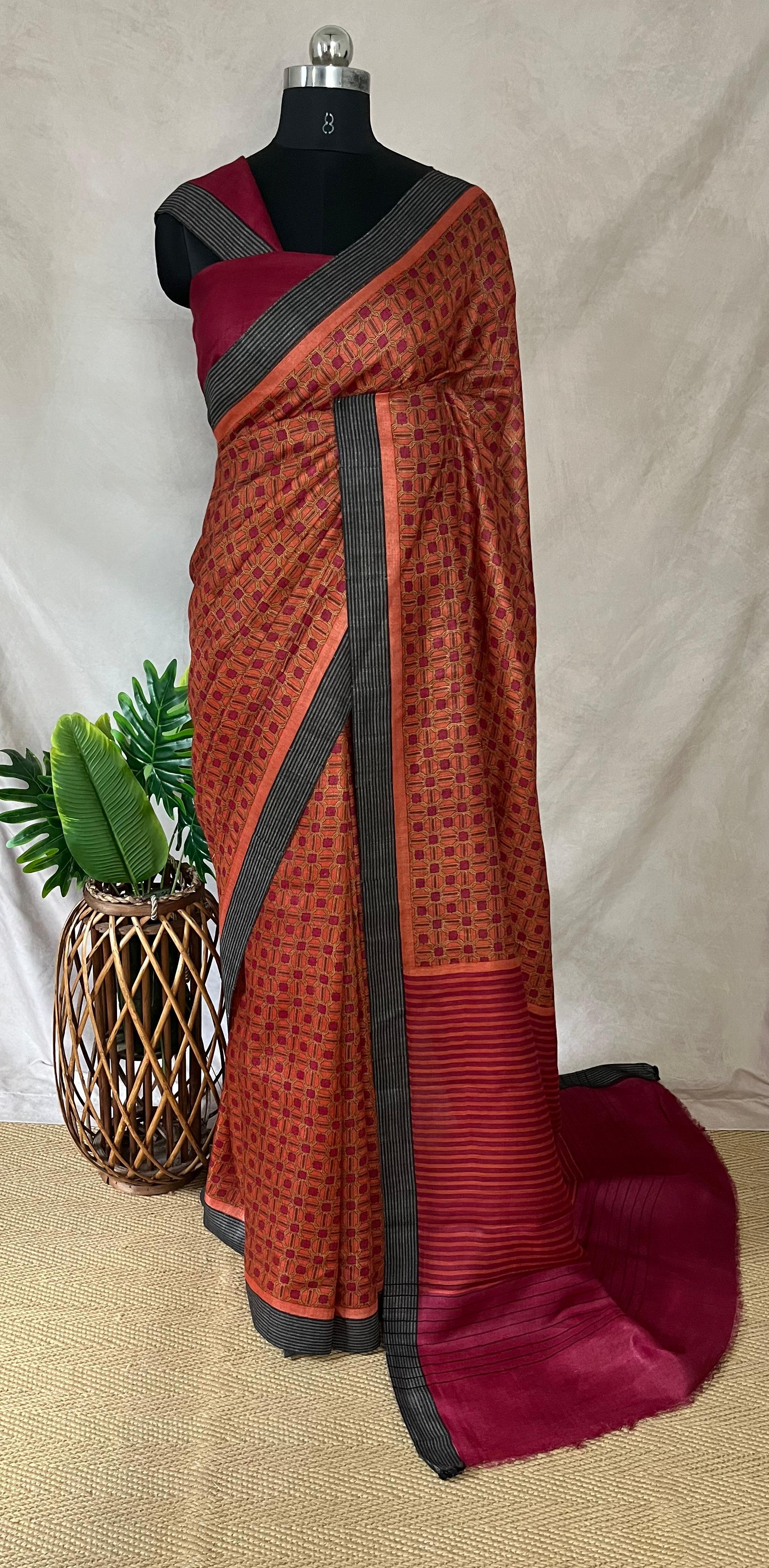 Printed blended tussar silk saree with BP