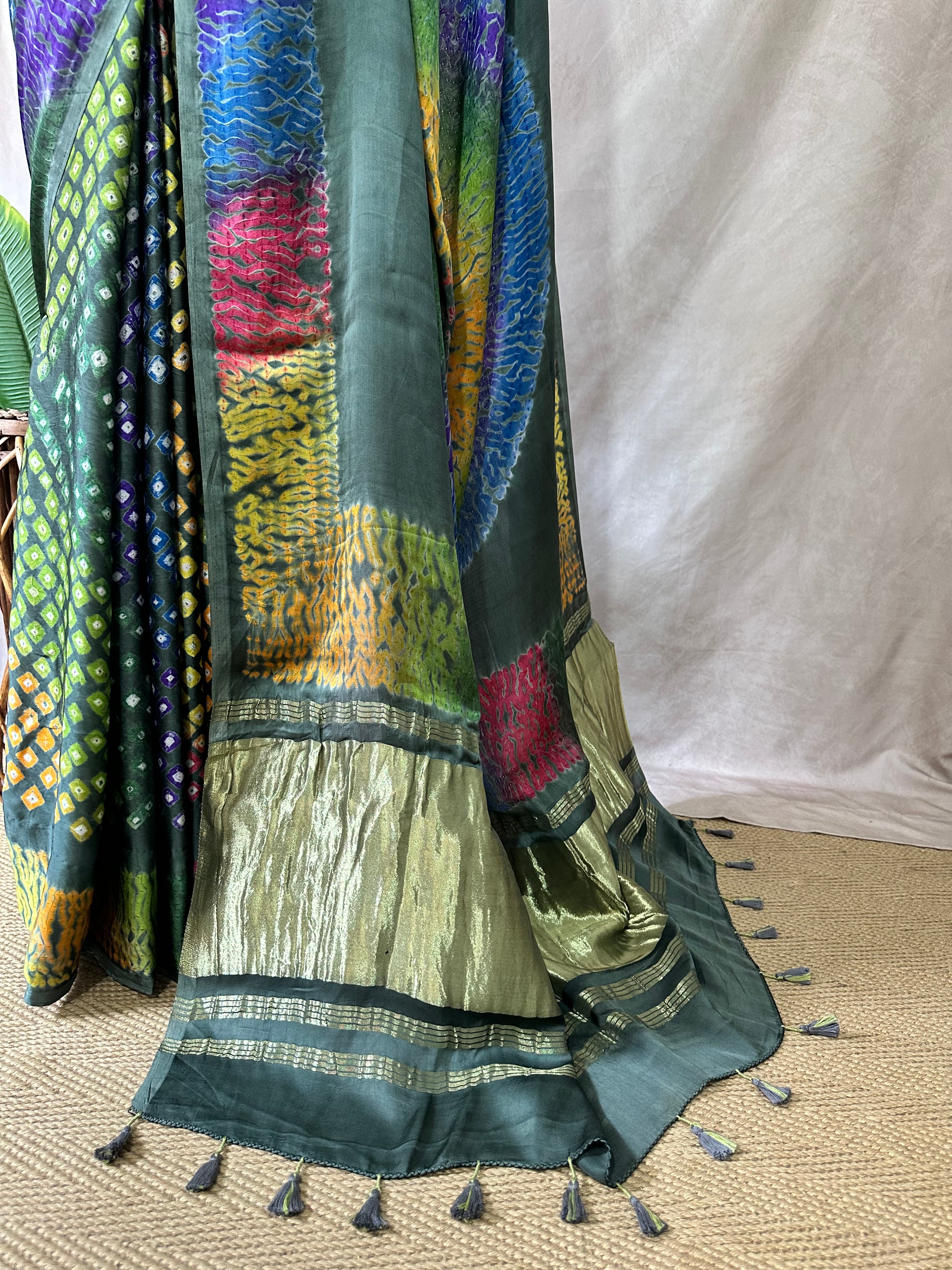 Olive green modal silk with bandhini and shibori work, stitched blouse