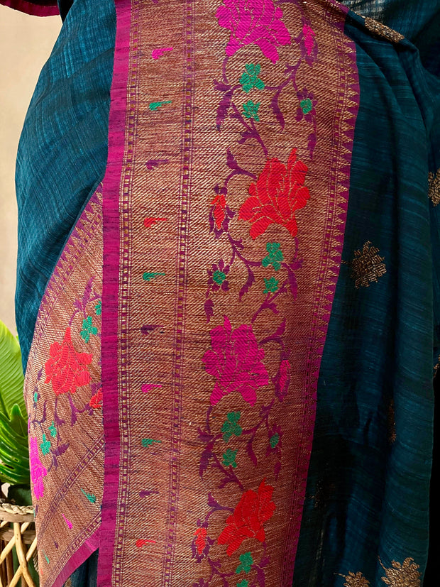 Pure Dupion silk Teal blue saree with muniya border and stitched blouse