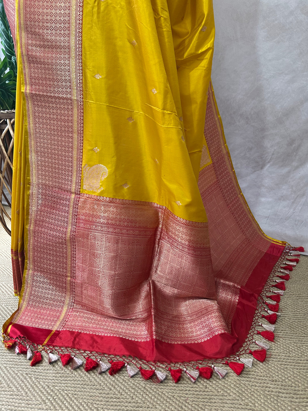 Yellow and red pure katan silk saree with stitched blouse