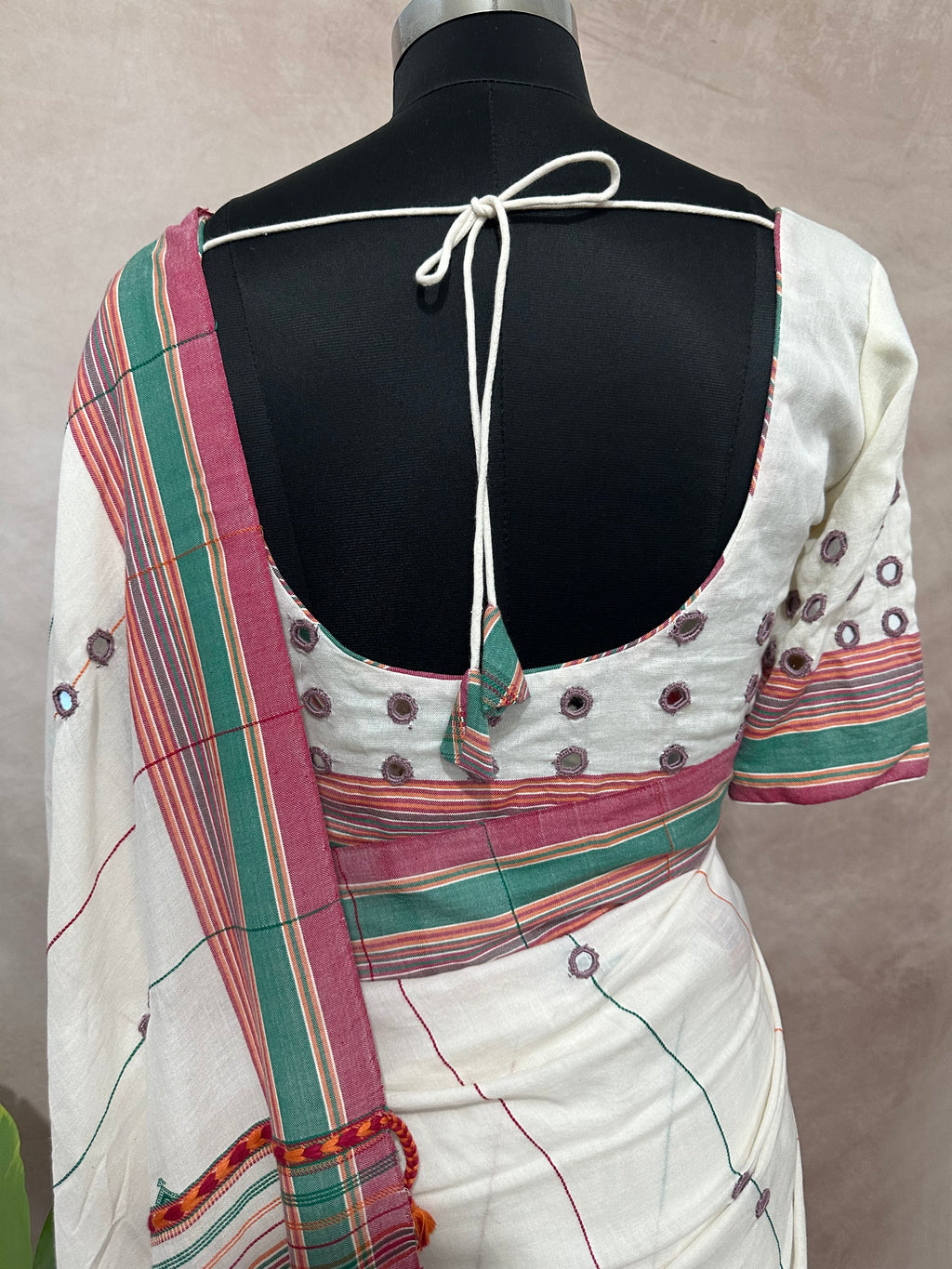 Organic Kala cotton handloom saree with mirror work , stitched blouse