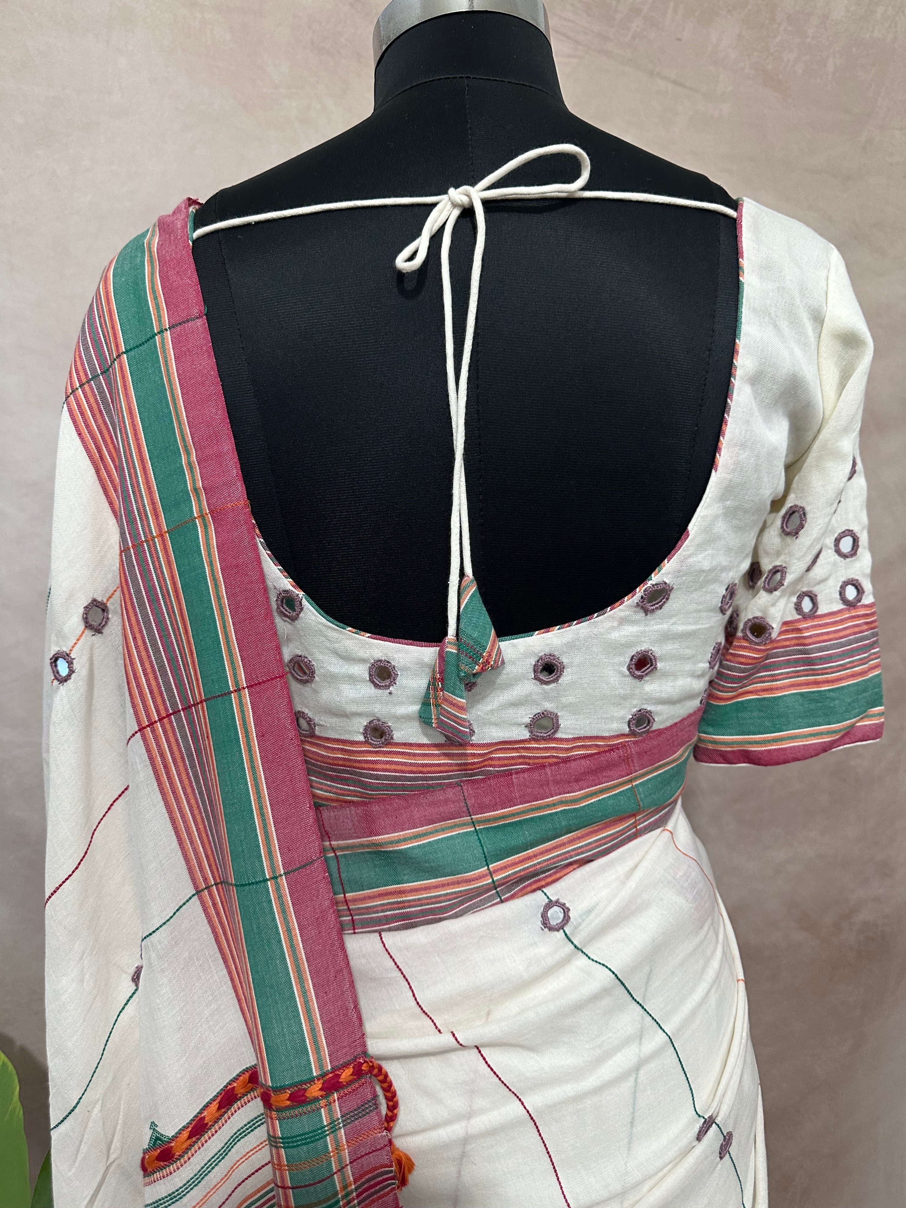 Organic Kala cotton handloom saree with mirror work , stitched blouse