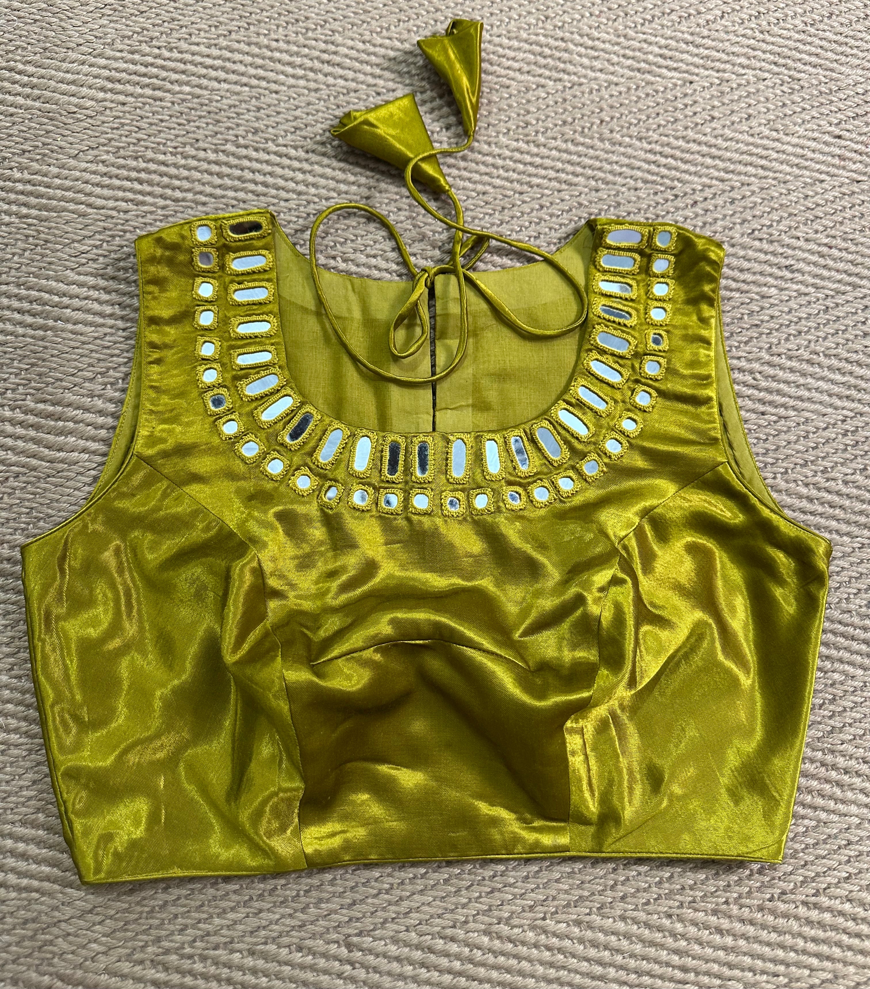Mustard yellow modal silk blouse with mirror work