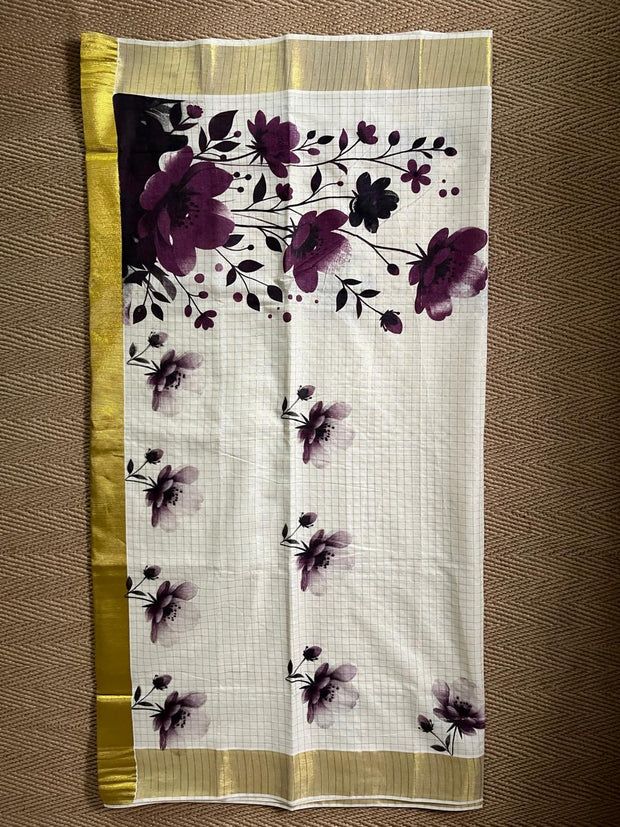 Soft cotton check set saree with digital print