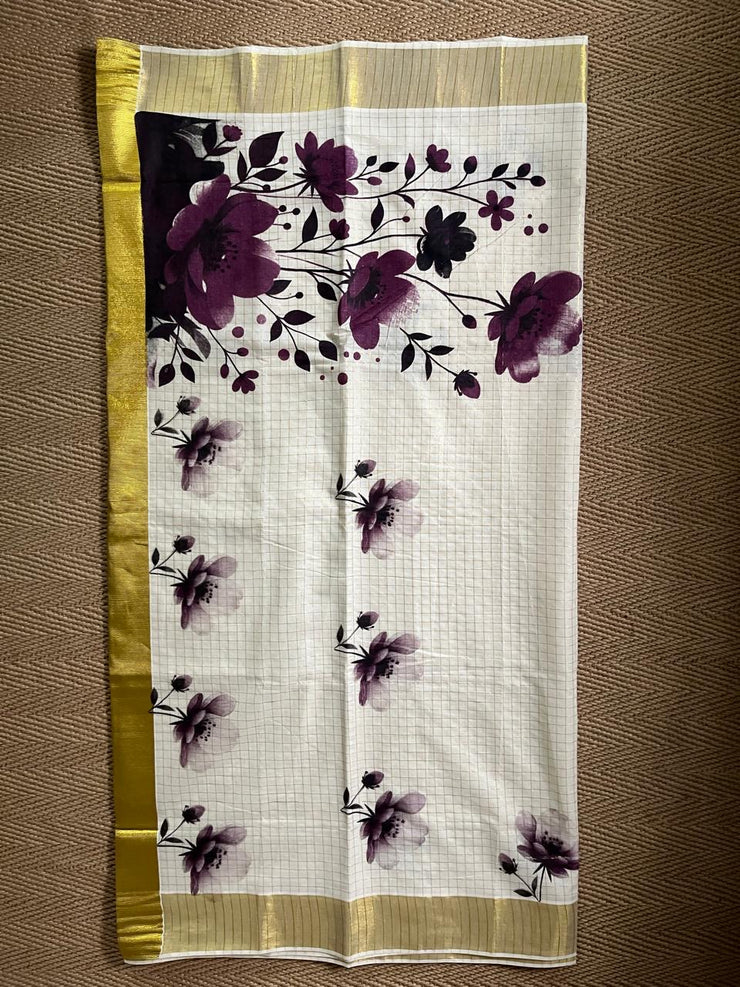 Soft cotton check set saree with digital print
