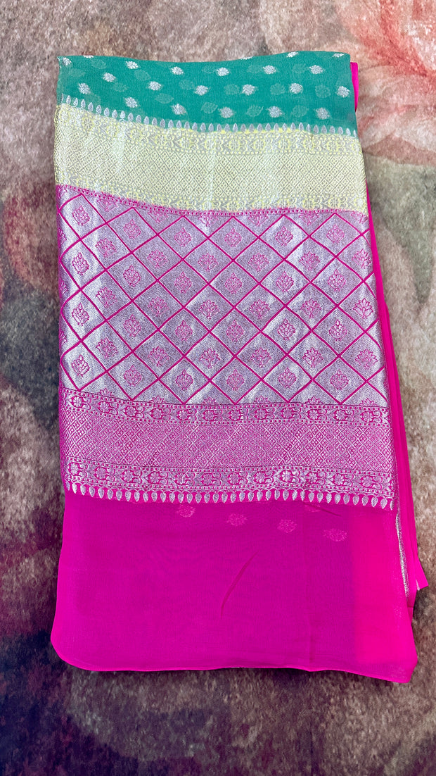 Sage green Khaddi georgette saree pink and yellow border with platinum zari, with stitched blouse