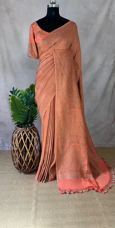 Pure Crepe silk saree with antique zari weave, stitched blouse