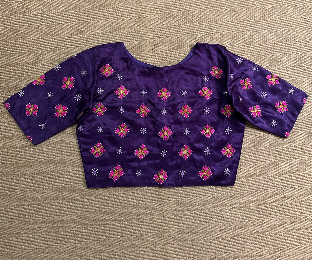 Purple modal silk blouse with mirror work and hand Kutch Embroidery