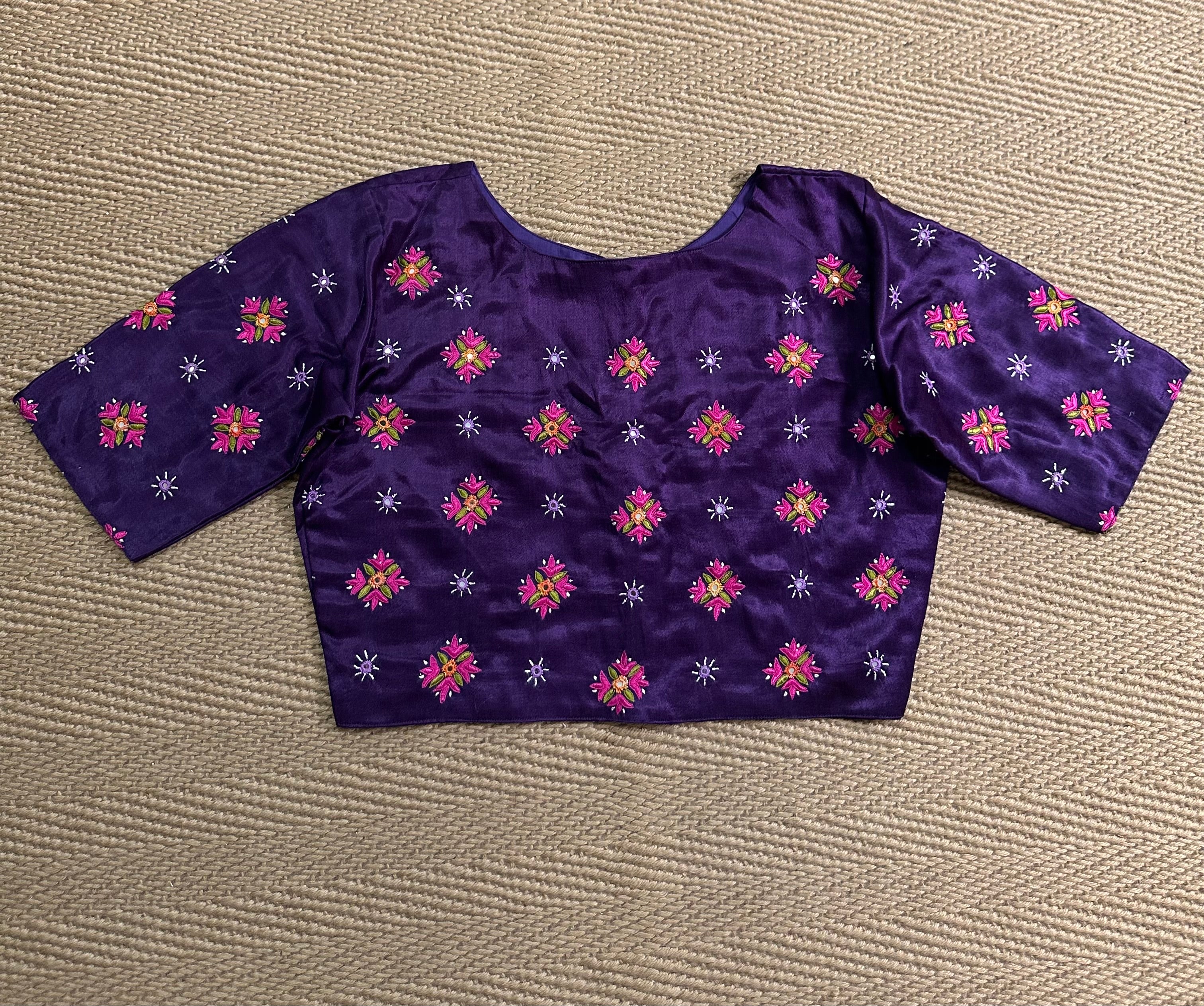 Purple modal silk blouse with mirror work and hand Kutch Embroidery