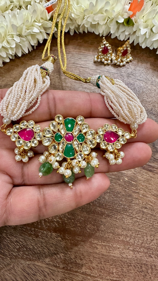 Green and pink colcor kundan choker with earring