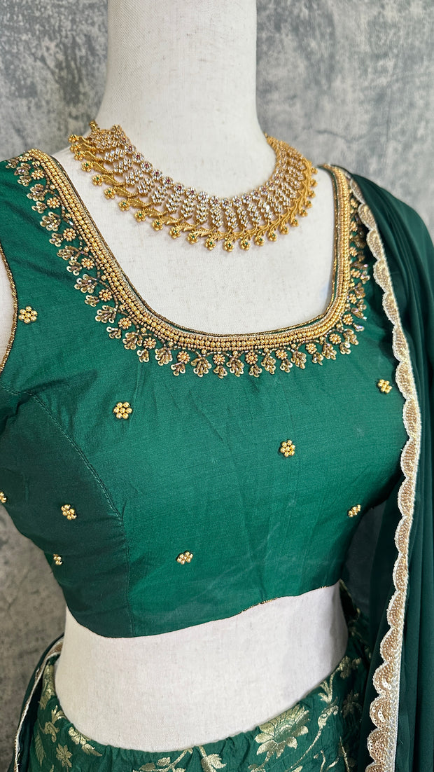 Green Banarsi Skirt with Blouse and Dupatta