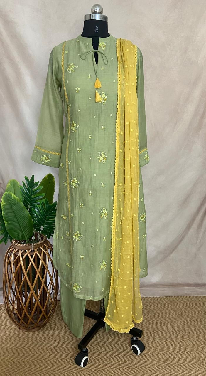 Light green chandri kurti with bottom and dupatta