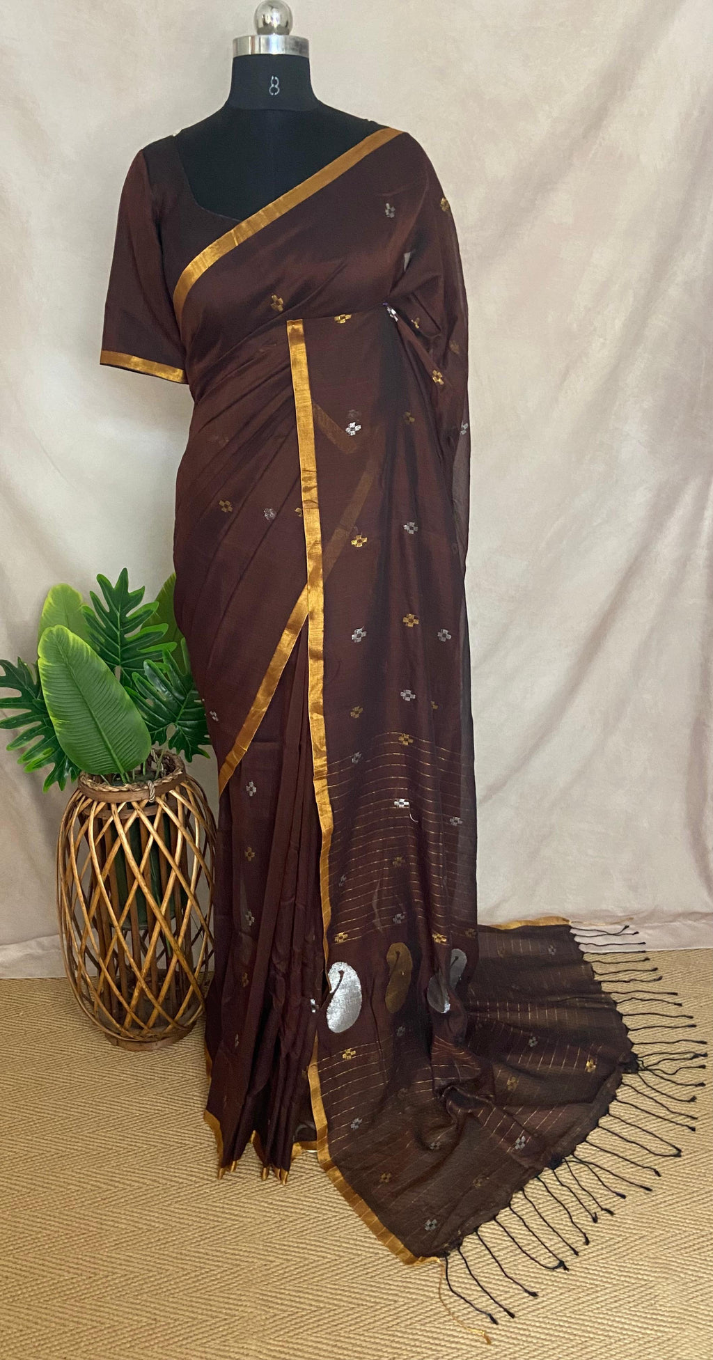 Brown cotton silk handloom jamdani saree with stitched blouse