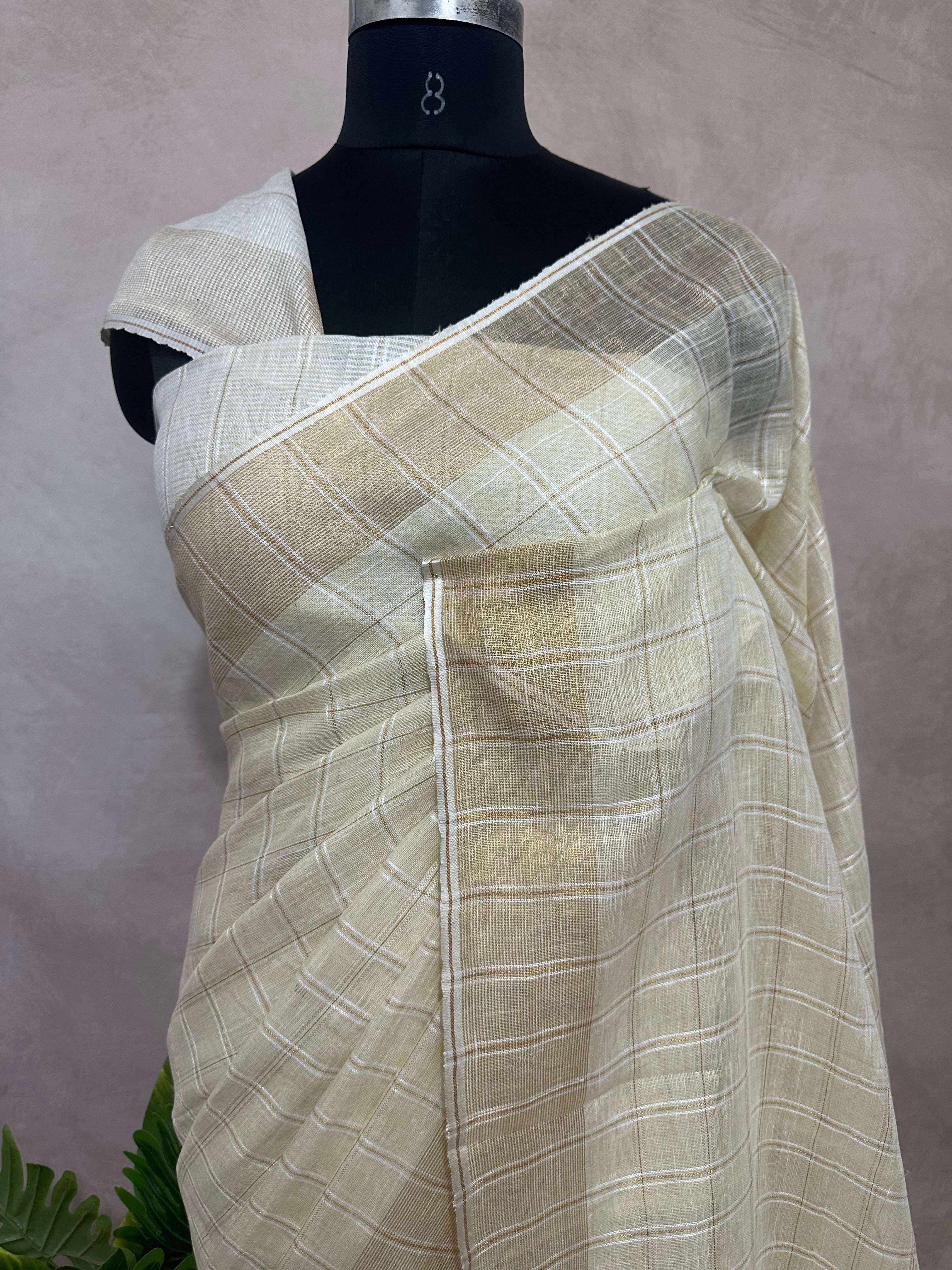 Linen saree with gold check and border