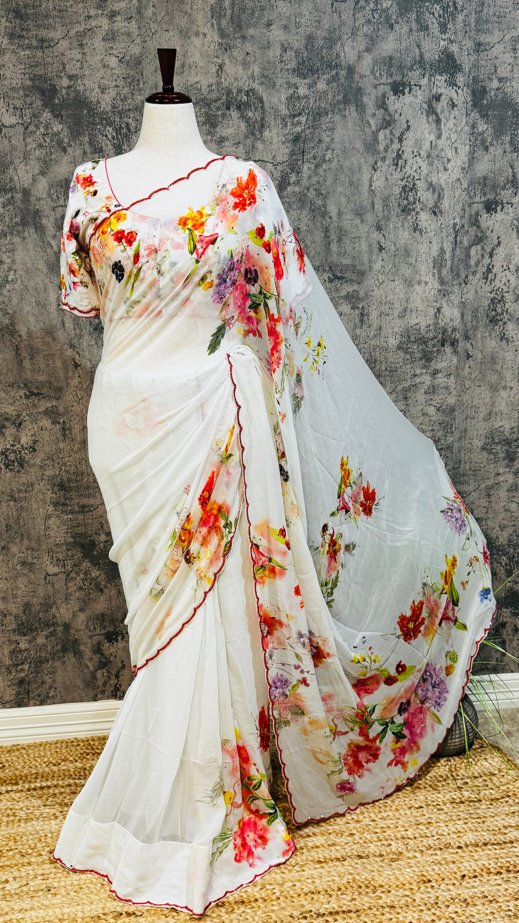 Chiffon digital Printed saree with bead work and stitched blouse