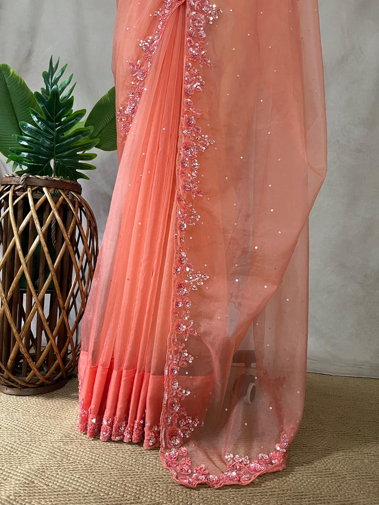 Soft Organza peach color saree with sequins work and stitched blouse
