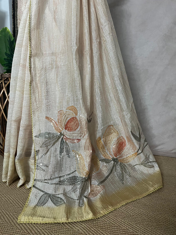 Light yellow Sequins designer saree, with stitched blouse