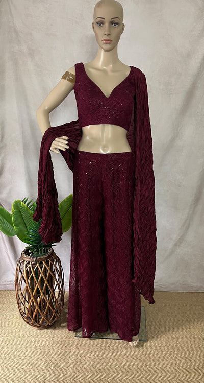 Maroon palazzo with crop top and dupatta