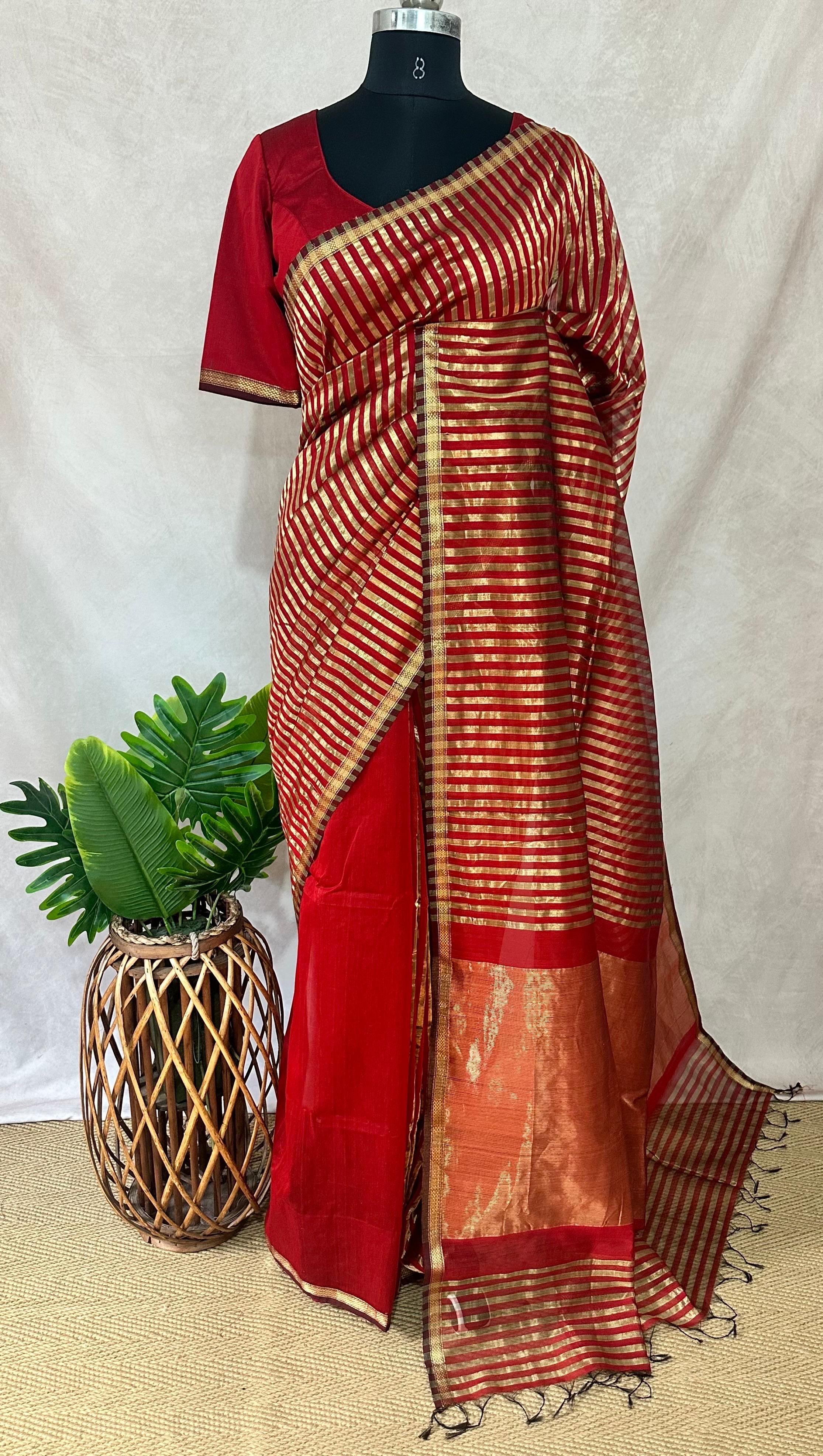 Maheshwari tissue silk saree with stripe and stitched blouse