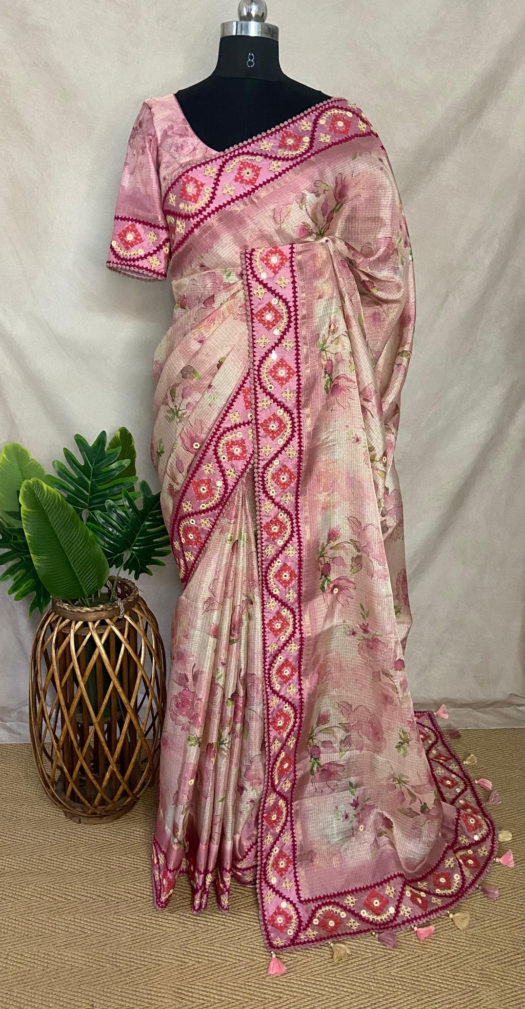 Tissue kotta saree with kutch work border and stitched blouse