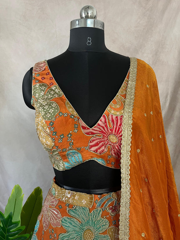 Orange tissue lehanga with work