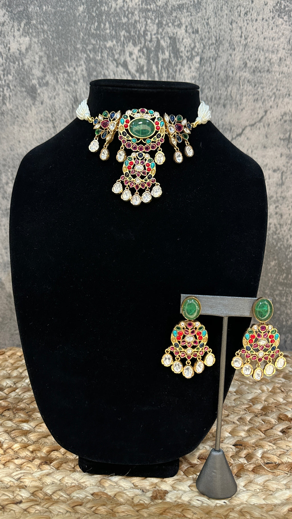 Choker with multi color stones and earring