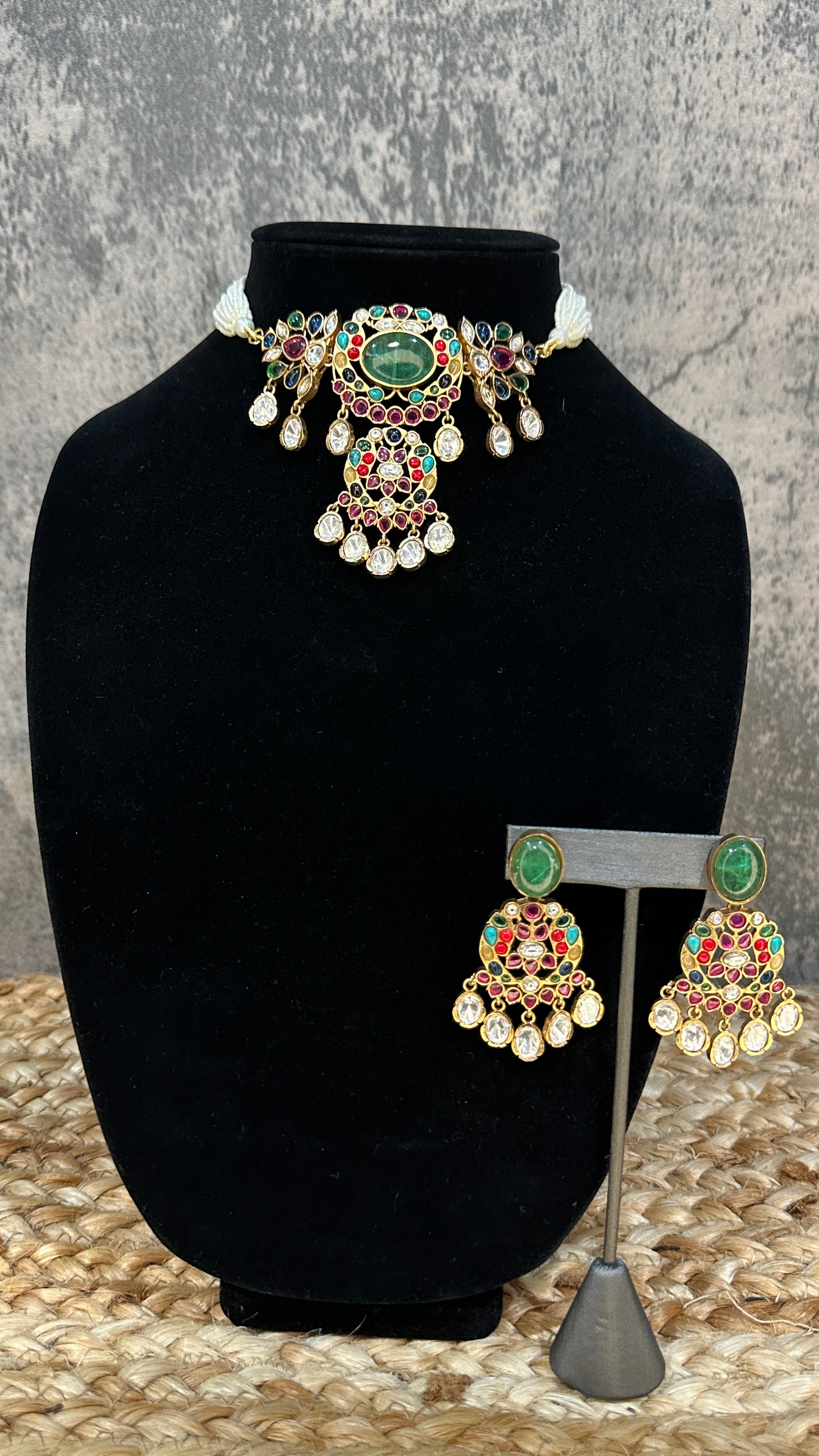 Choker with multi color stones and earring