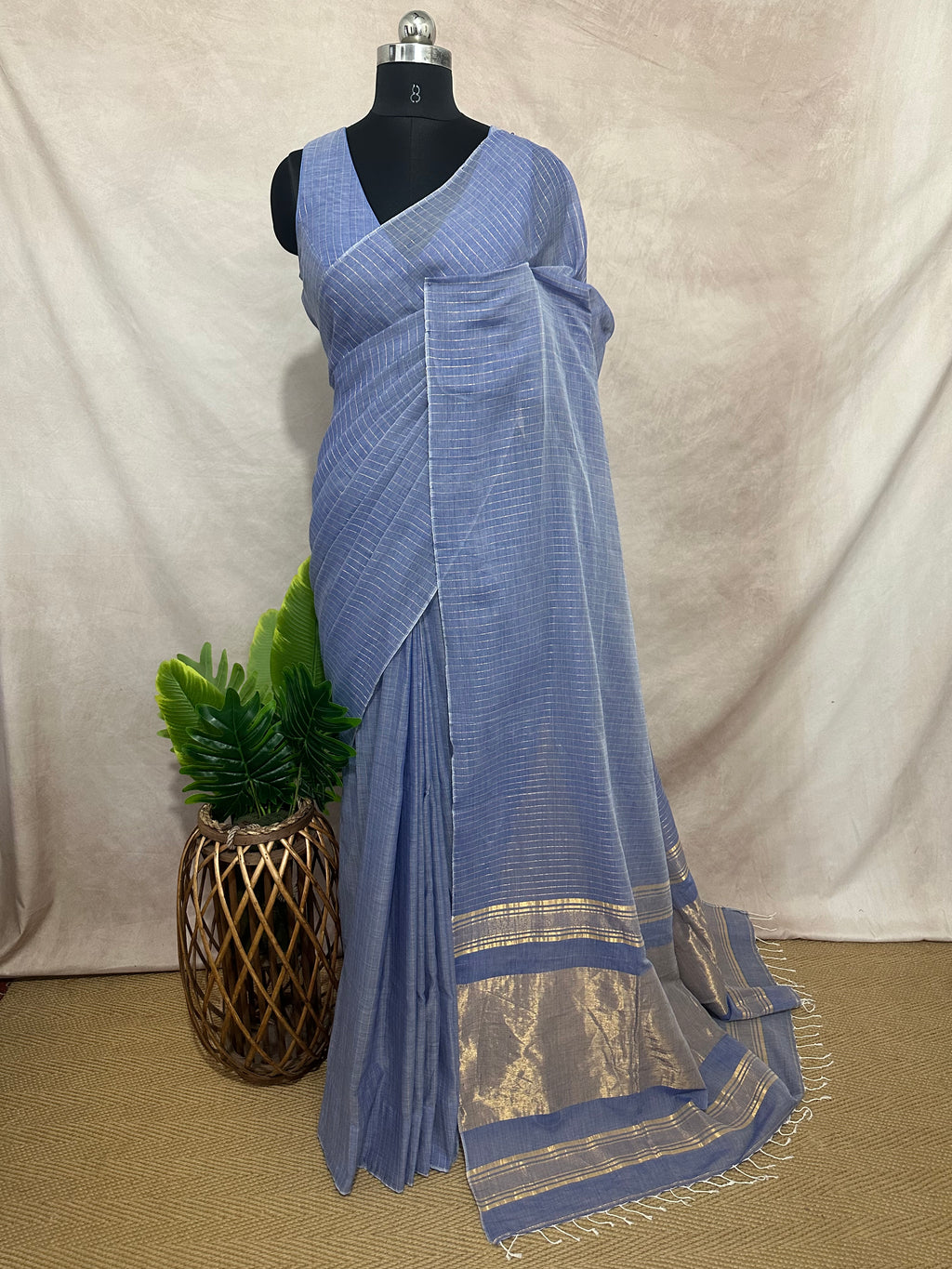 Handloom Light blue cotton saree with gold line, with stitched blouse