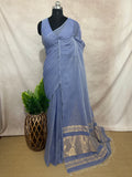 Handloom Light blue cotton saree with gold line, with stitched blouse