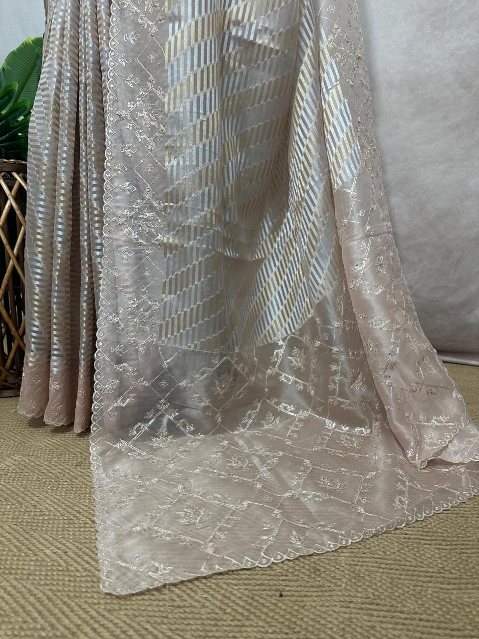 Tissue organza designer saree with hand emroidered border and pallu, with blouse