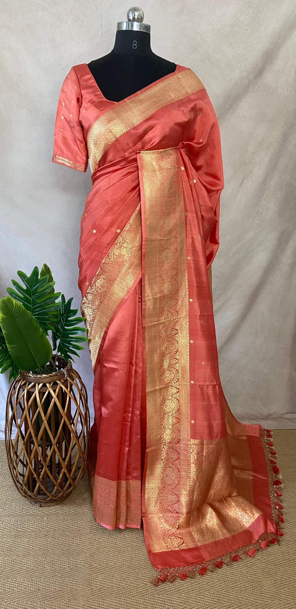 Peach pink pure raw mango silk saree with stitched blouse