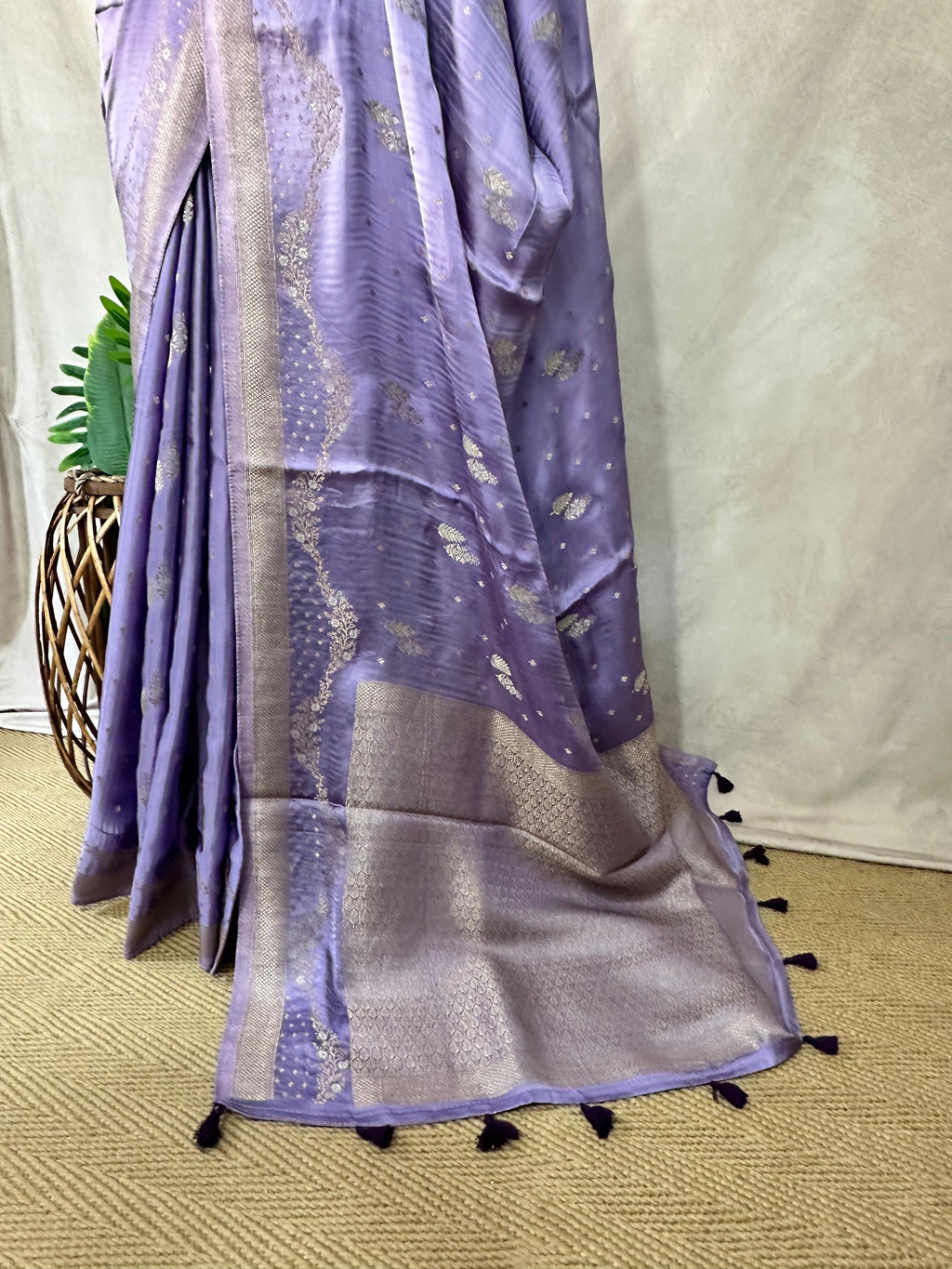 Lilac and purple combo satin silk saree with stitched blouse