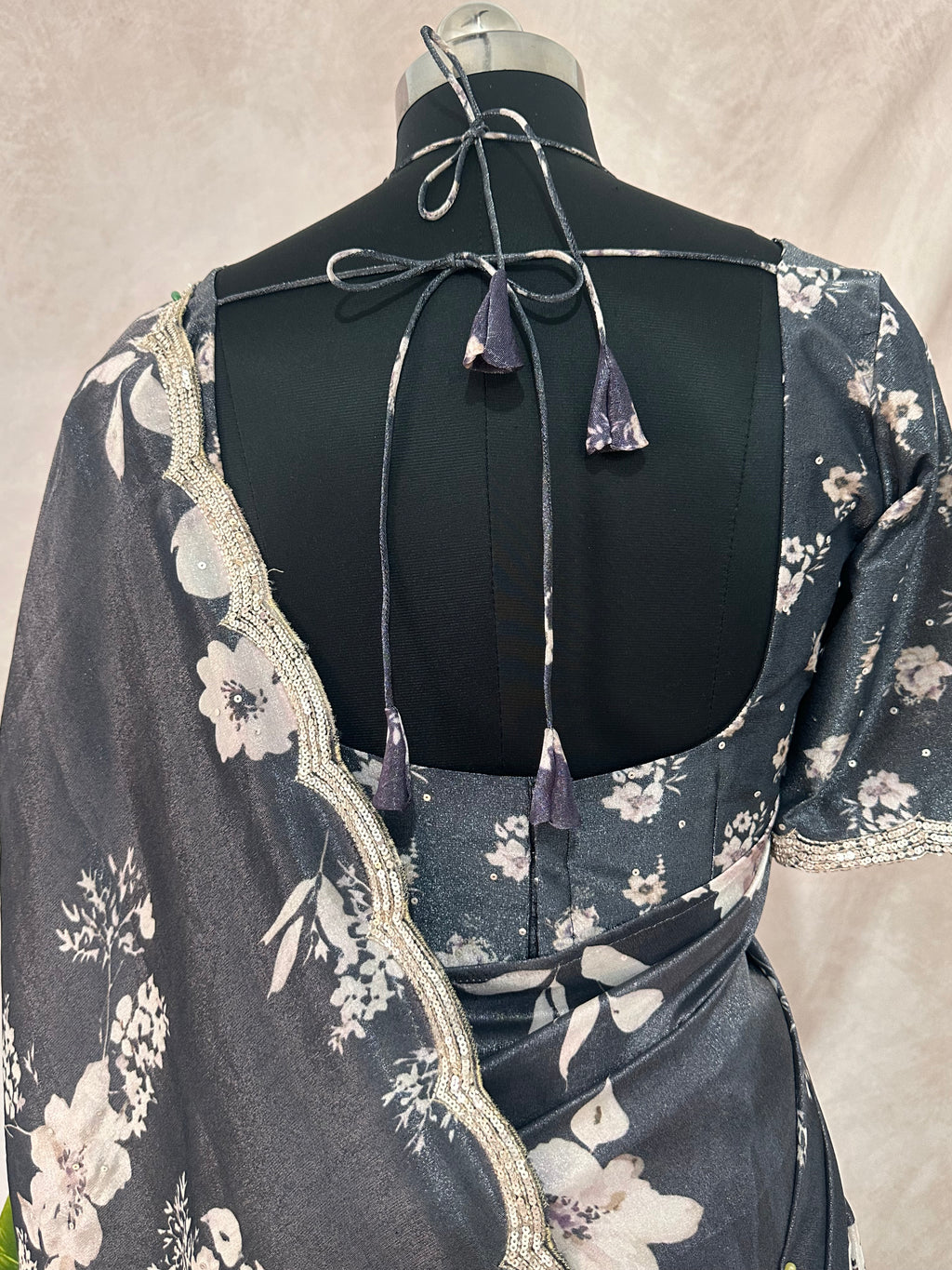 Black designer crepe tissue saree with floral print and  designer blouse