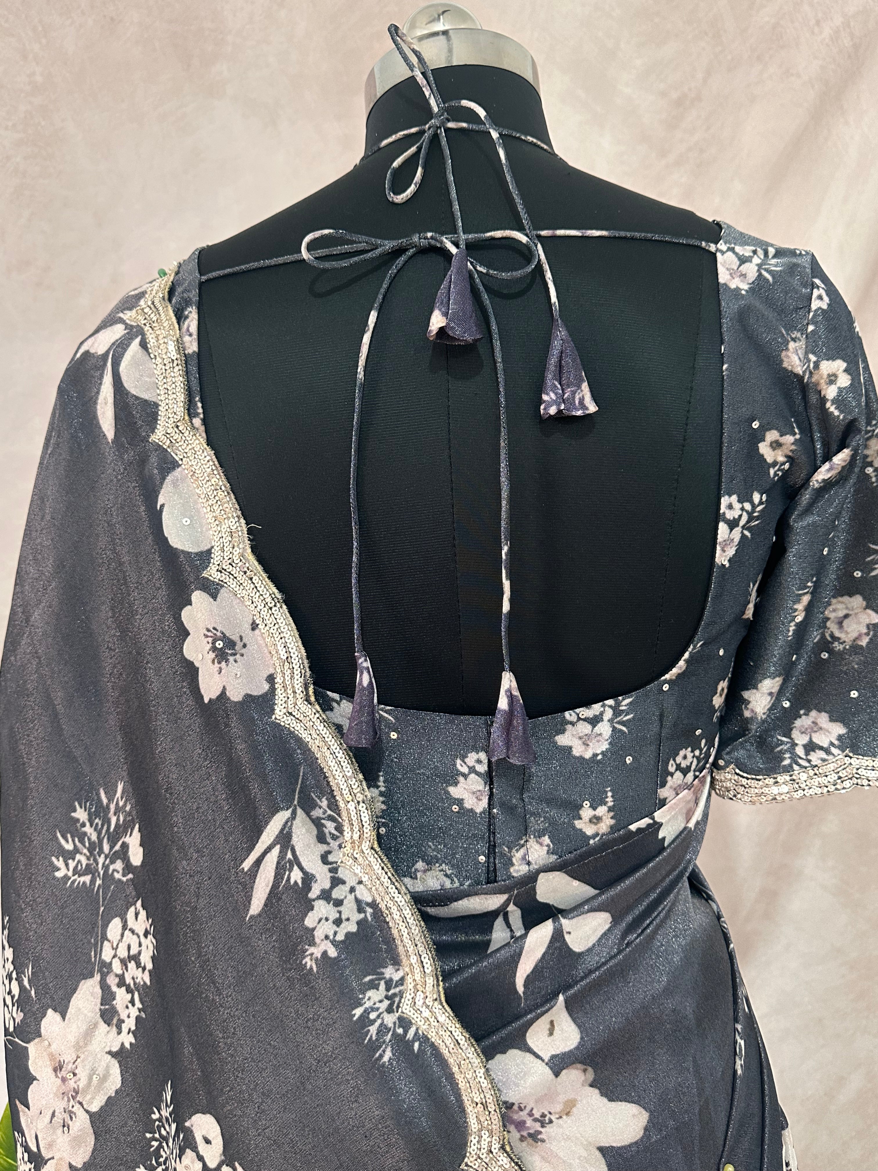 Black designer crepe tissue saree with floral print and desiger blouse
