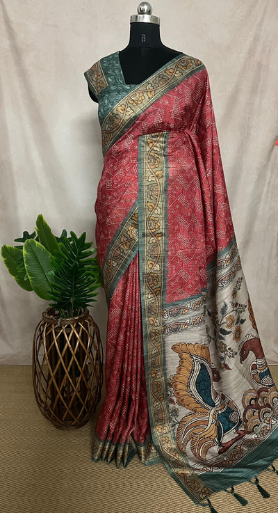 Semi tussar silk bandini and kalamkari print saree, with BP