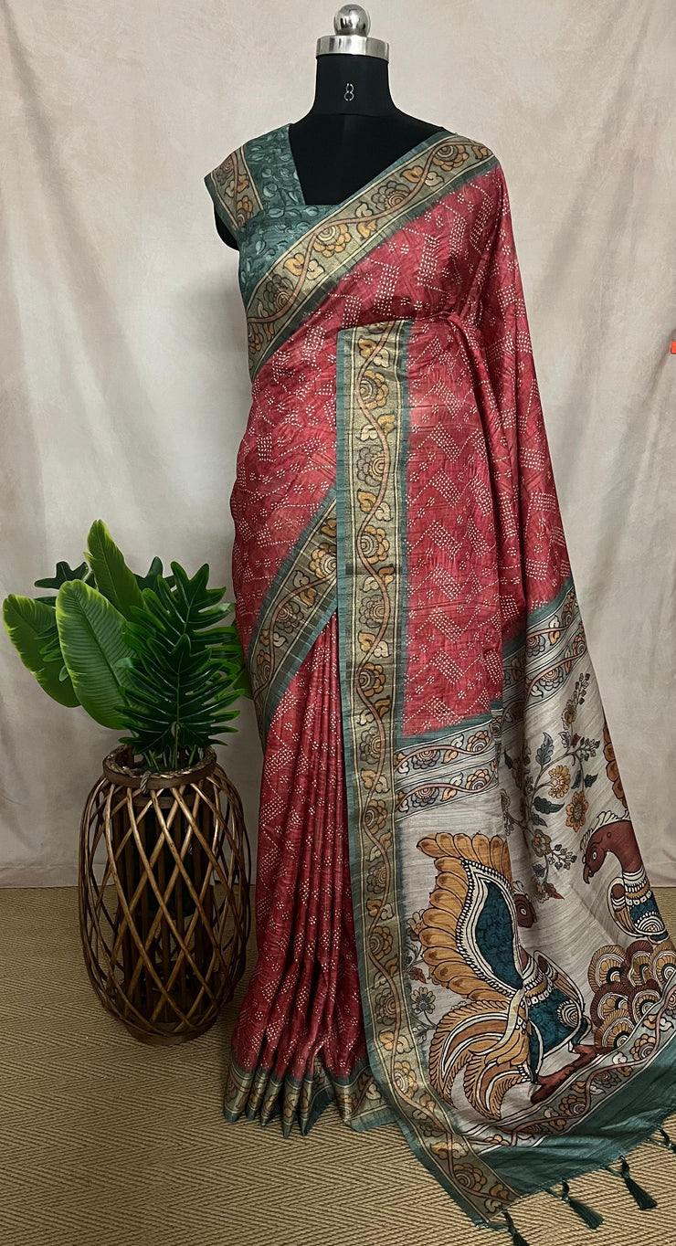 Semi tussar silk bandini and kalamkari print saree, with BP