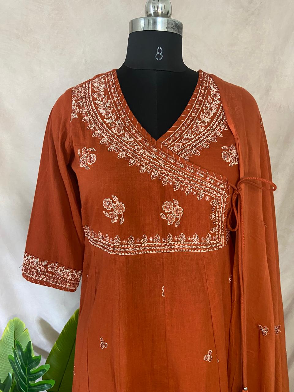 Rust orange ankhara kurti with bottom and dupatta