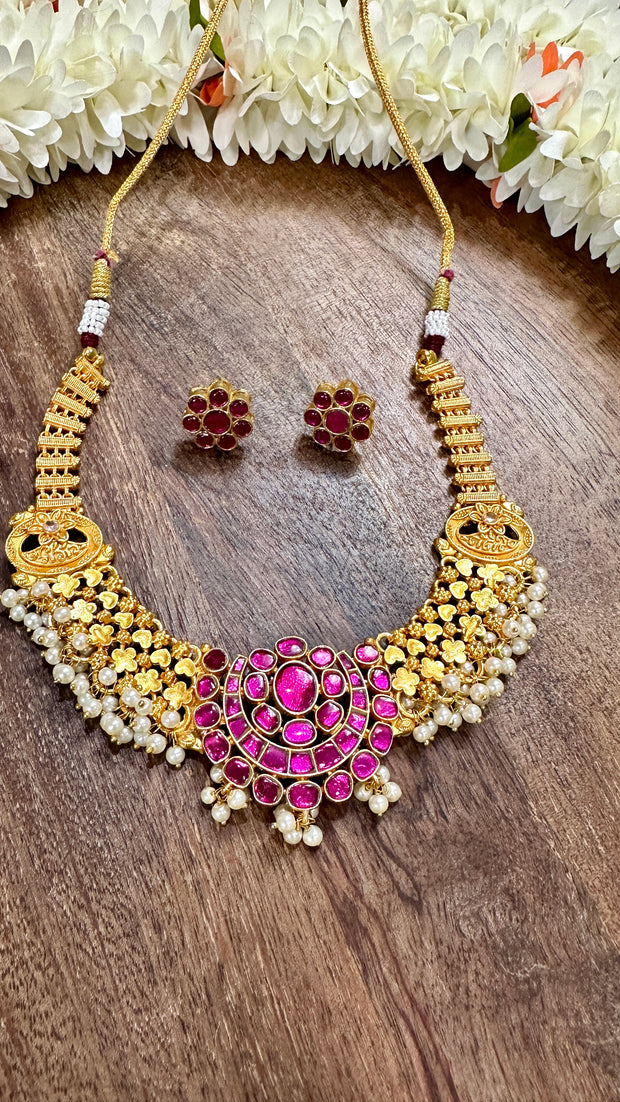 Pink kempstone necklace with earring