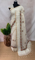 Tissue linen saree chikankari and multi color thread border with BP