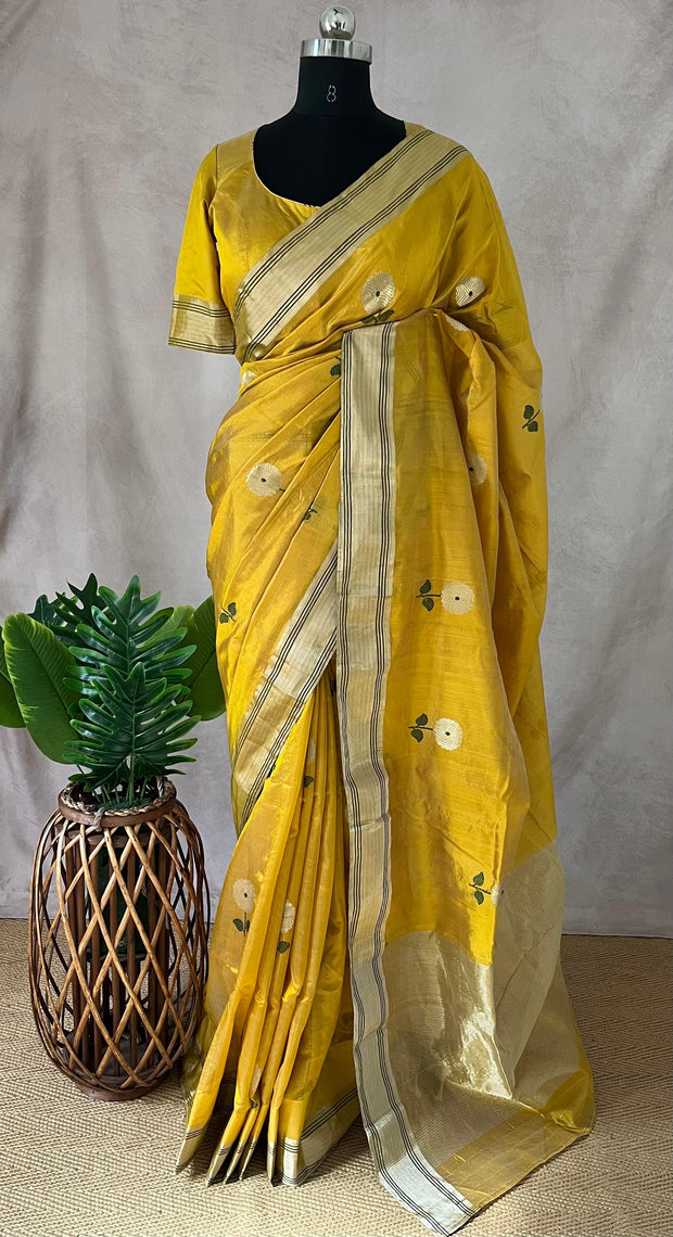 Yellow pure chanderi katan silk handwoven saree with stitched blouse
