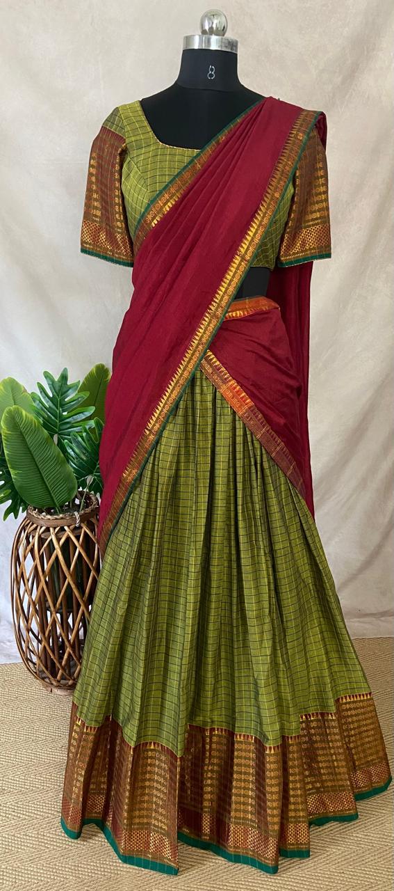 Light green narayenpettu cotton silk dhavani