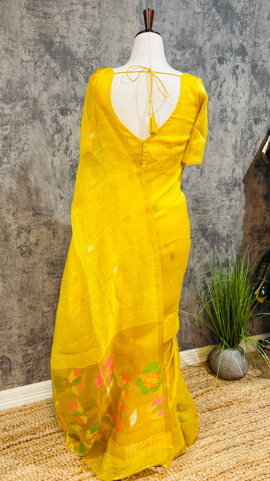 Pure silk linen saree with jamdani weave and stitched blouse