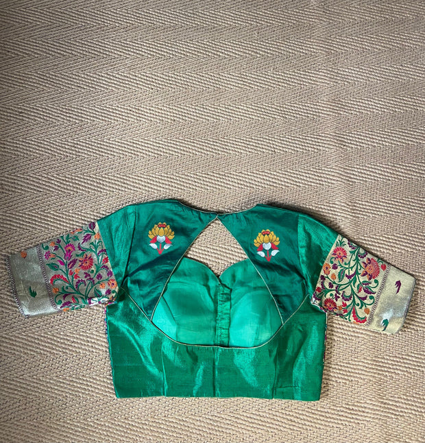 Green raw silk and paithani blouse