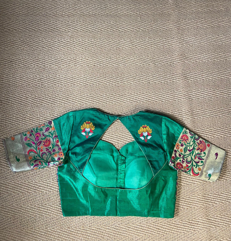 Green raw silk and paithani blouse
