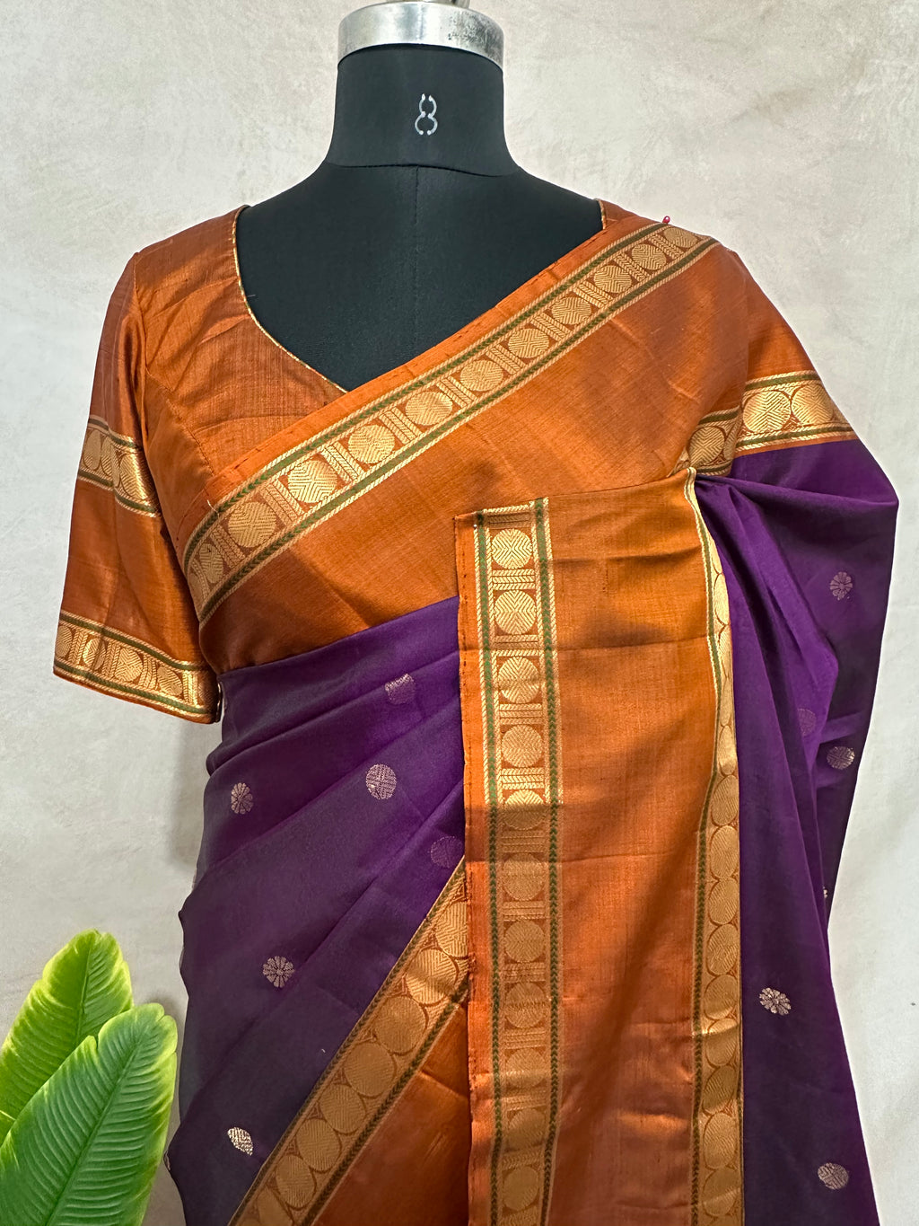 Purple and orange pure Kanchivaram soft silk saree with stitched blouse