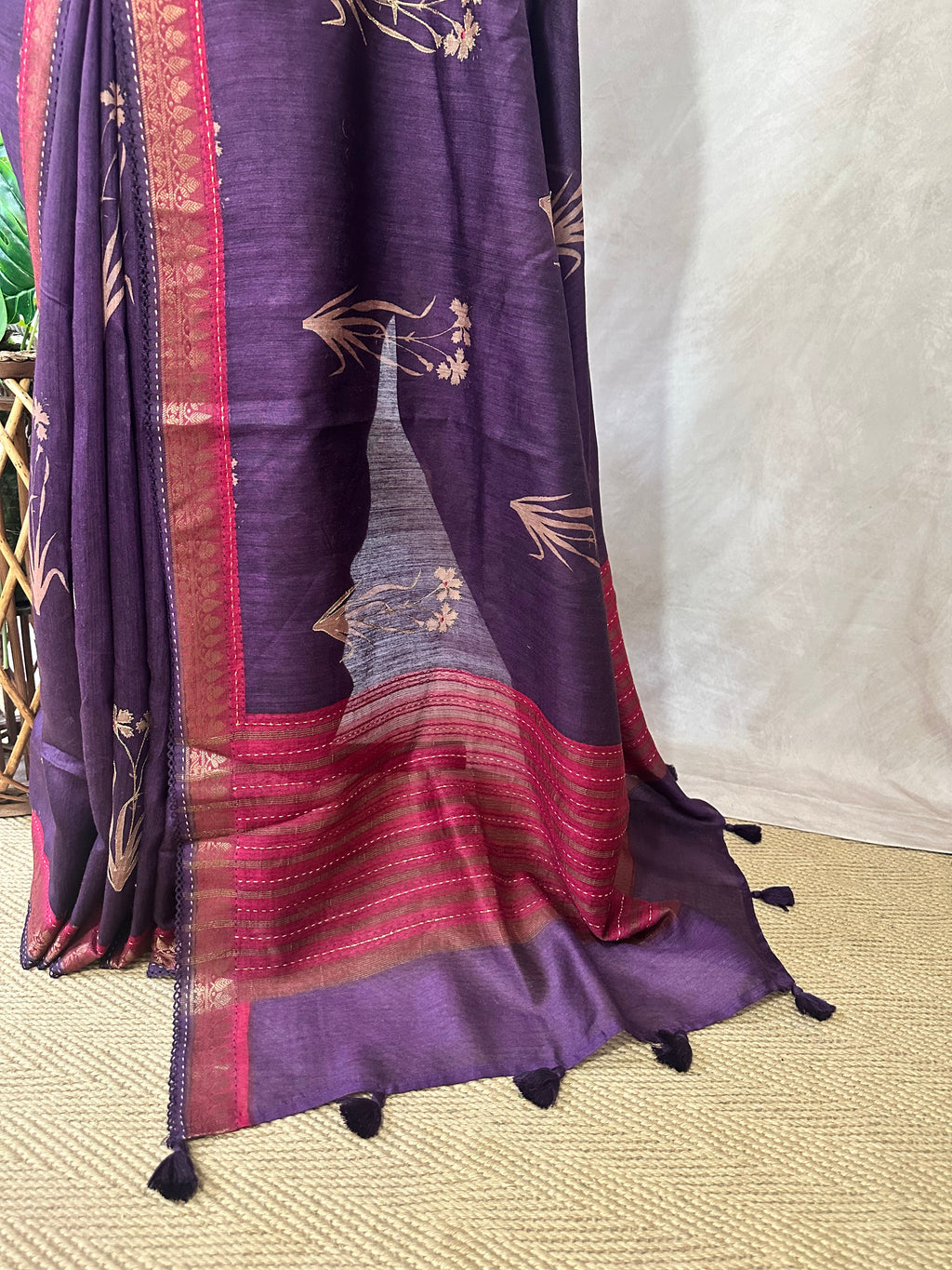Blended Tussar silk saree with block prints and high lighted with handwork, stitched blouse