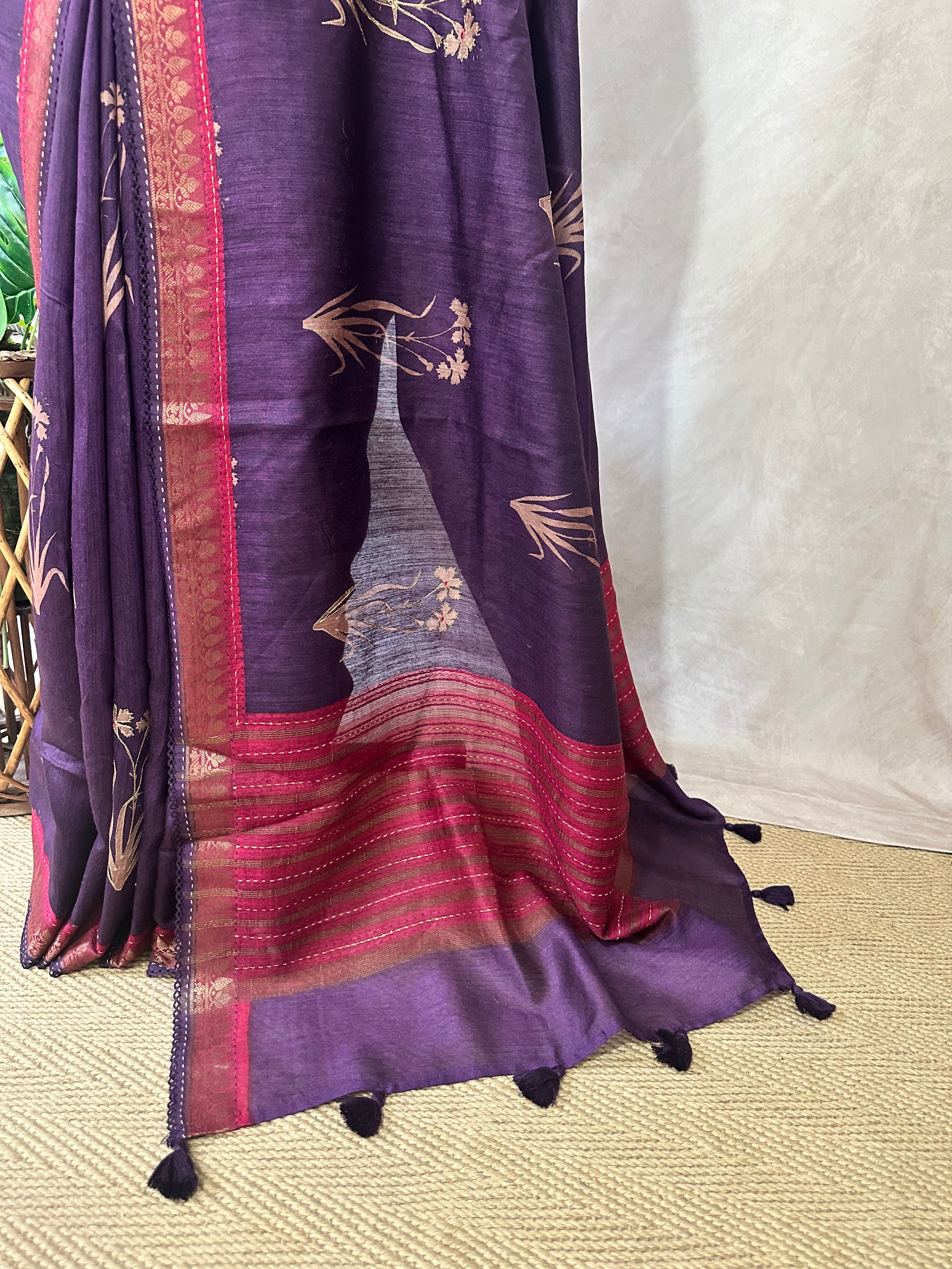 Blended Tussar silk saree with block prints and high lighted with handwork, stitched blouse