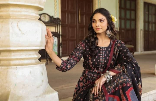 Black cotton flared kurti with bottom and dupatta